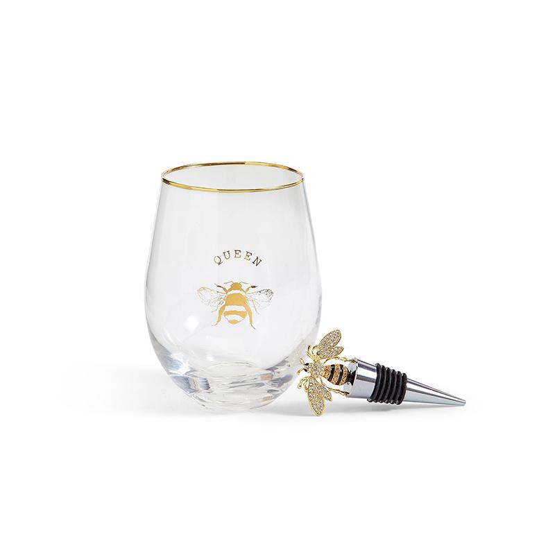 Queen Bee Stemless Wine Glass with Bottle Stopper