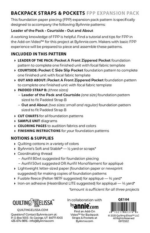 Backpack Straps and Pockets Pattern PBA QE104 By Annie Unrein for Patterns by Annie