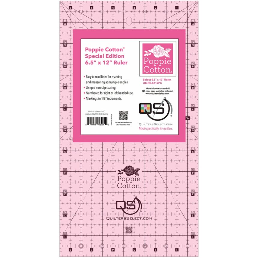 Quilter's Select Pink Poppie Cotton Non-Slip Ruler 6.5in x 12in